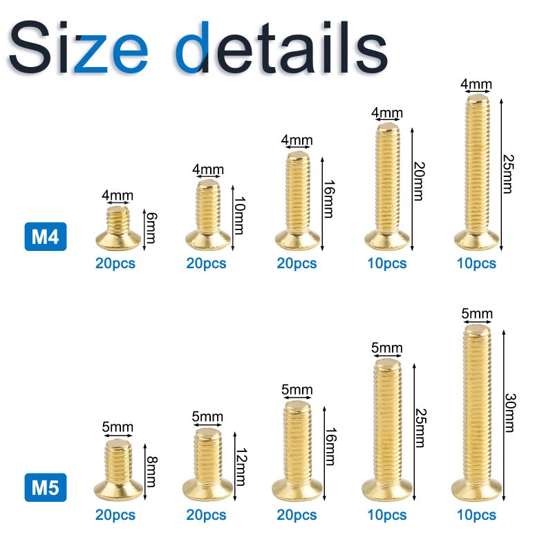 INCREWAY Machine Screws, 160 Pcs M4 M5 10 Sizes Brass Flat-Head Bolts Phillips Drive Machine Screws Assortment Kit - Image 2